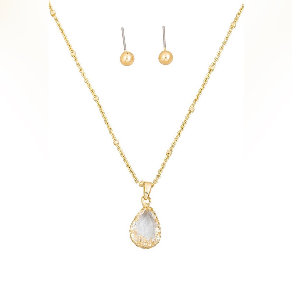 Gold Crystal Teardrop Necklace & Small Ball Earring Set - Picture 1 of 1